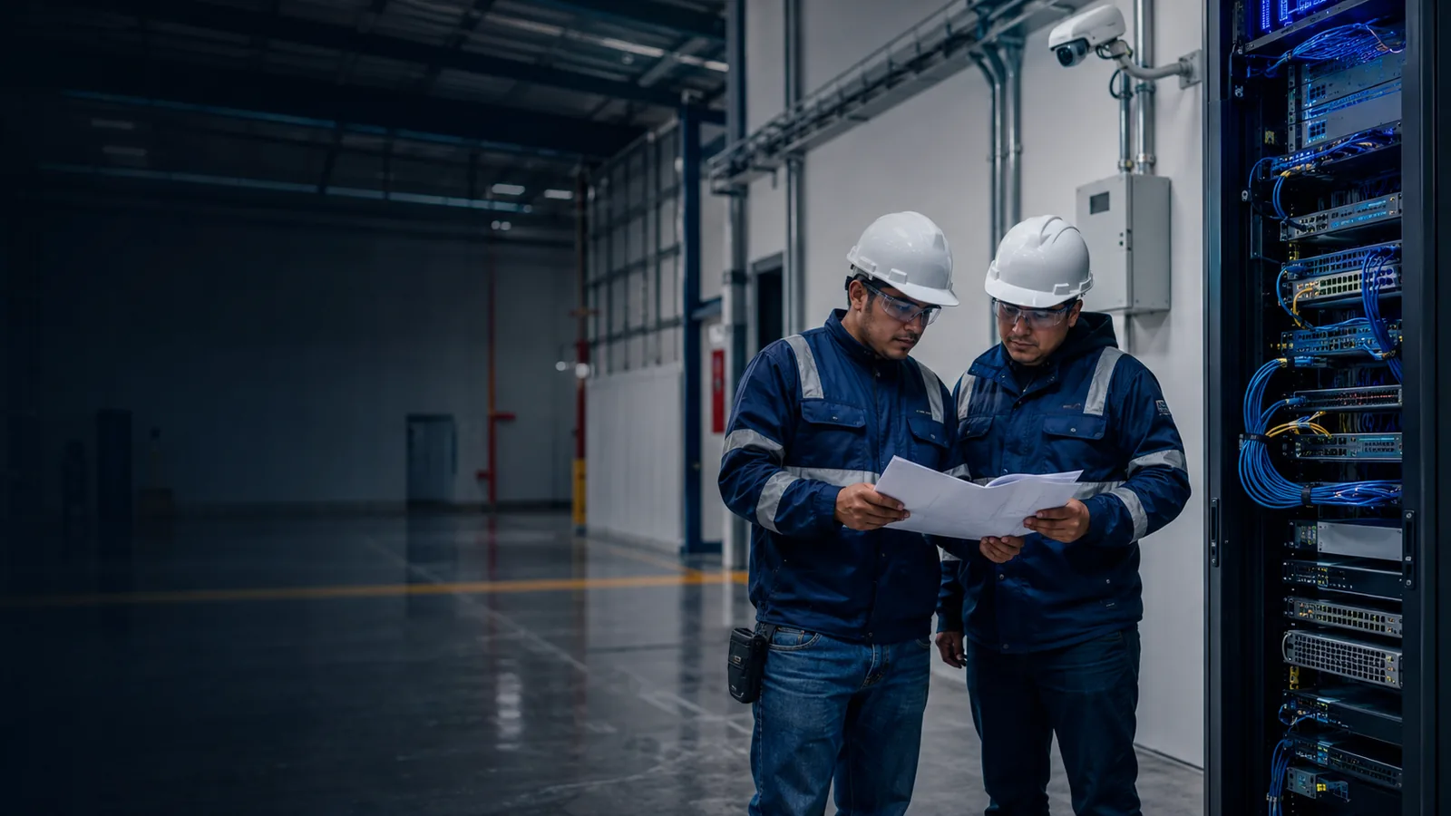 Equipo técnico coordinando un proyecto de infraestructura empresarial