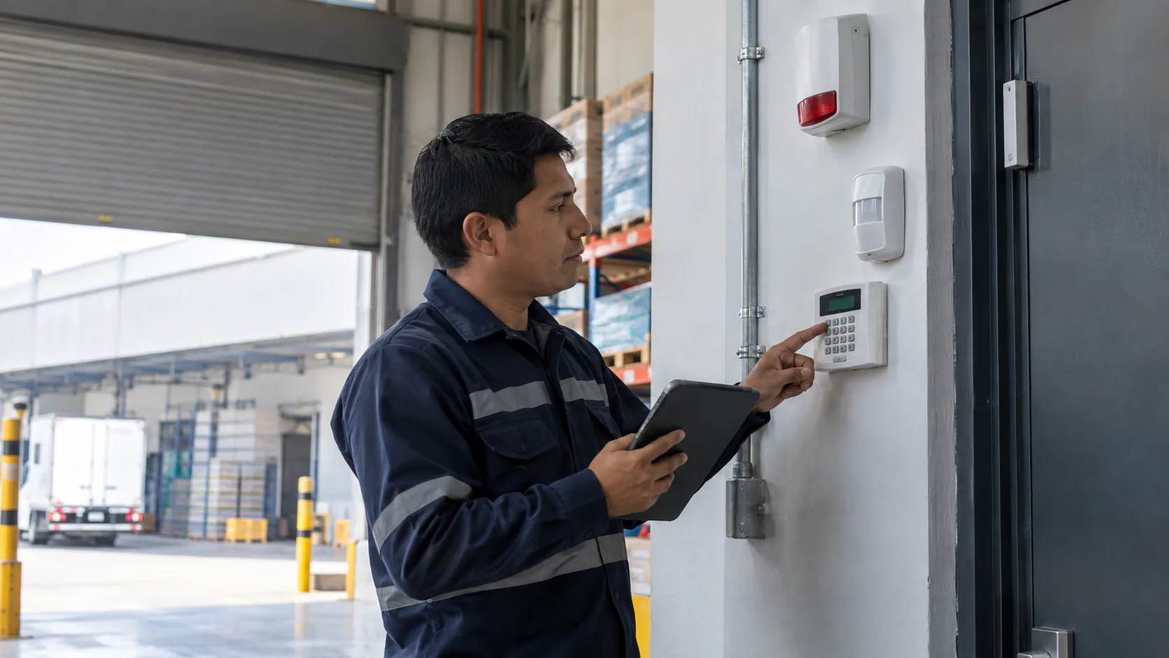 Técnico configurando una alarma contra intrusión en un almacén empresarial
