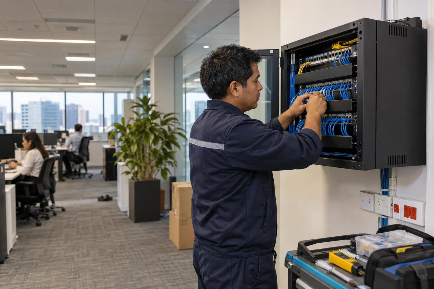 Técnico organizando un rack de cableado estructurado en una oficina