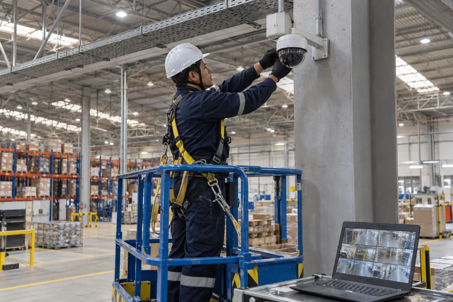Instalación de cámara IP en un almacén industrial