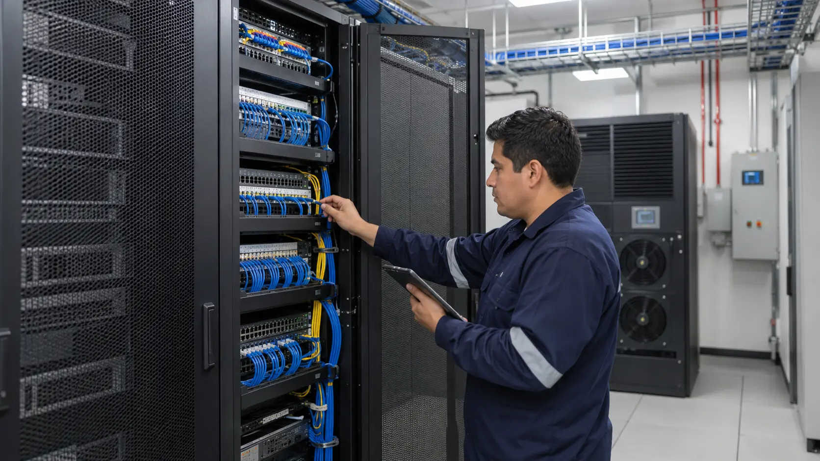 Técnico organizando el cableado de un Data Center empresarial