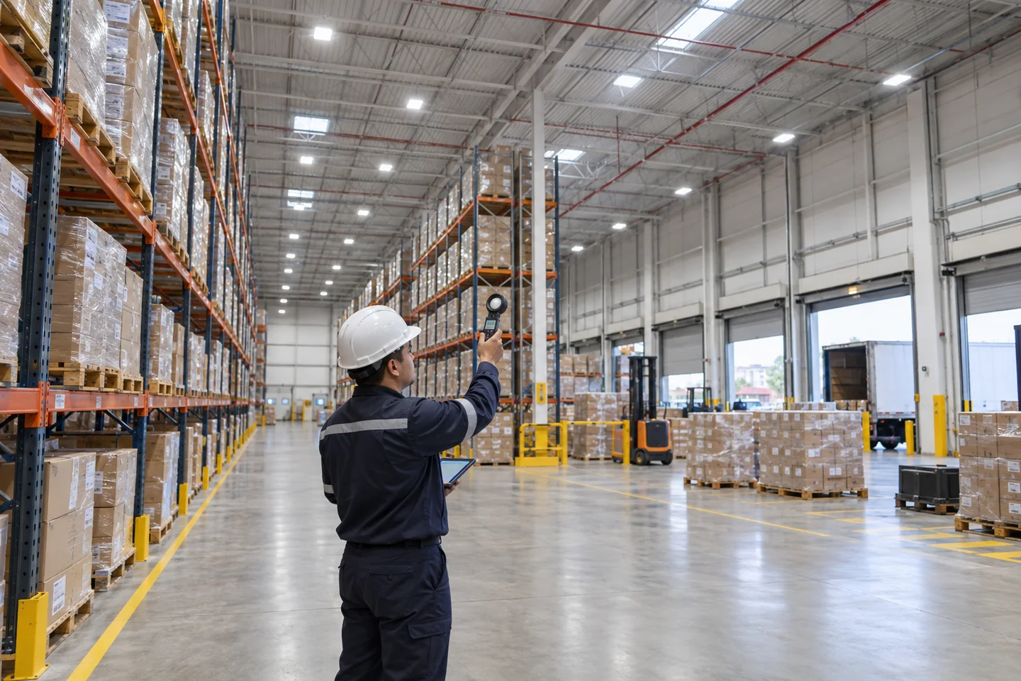 Medición de iluminación LED en un almacén y centro logístico