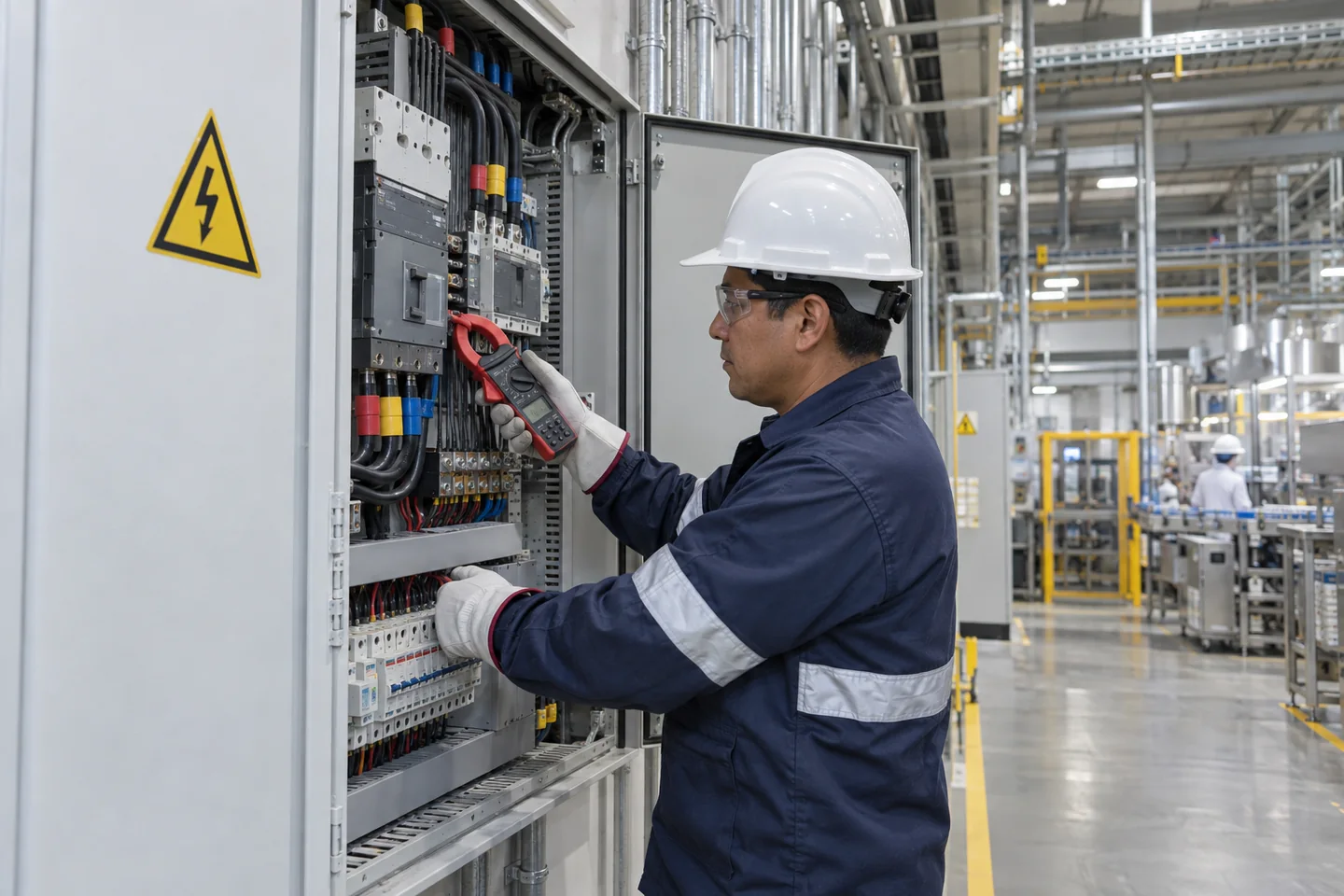 Técnico evaluando un tablero eléctrico en una planta industrial