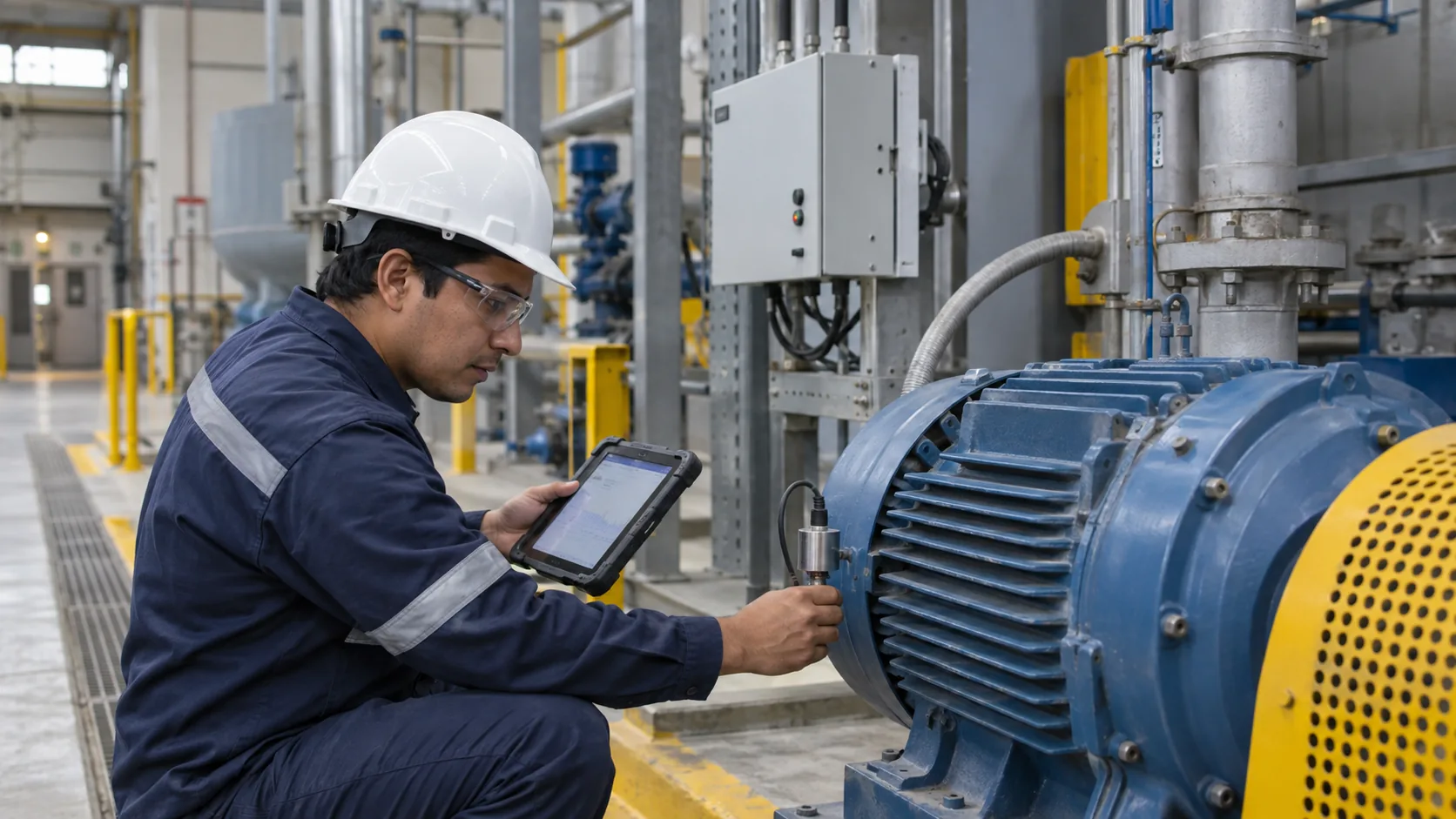 Técnico revisando un sensor IoT de monitoreo en un motor industrial