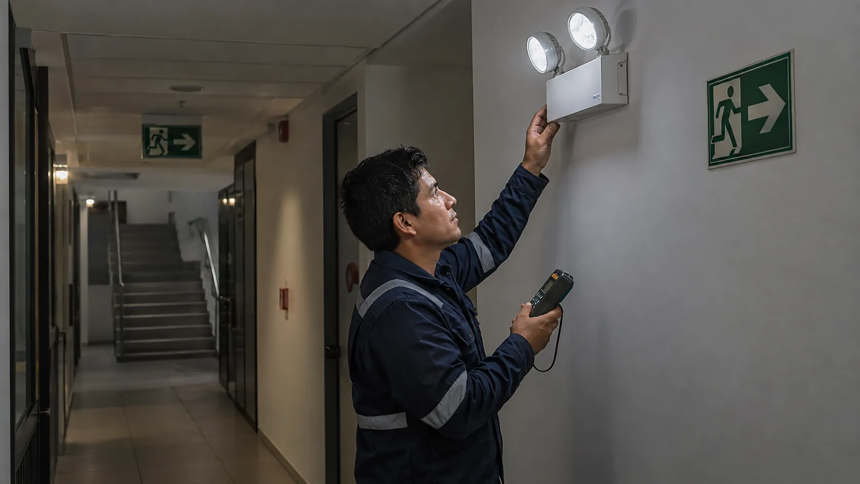 Técnico probando una luz de emergencia en una ruta de evacuación