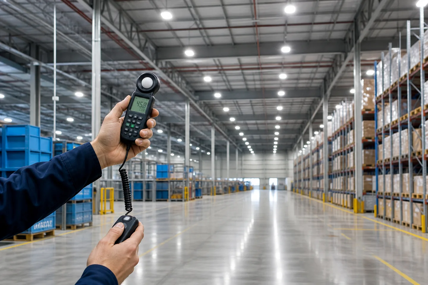 Medición de iluminación técnica en un almacén industrial