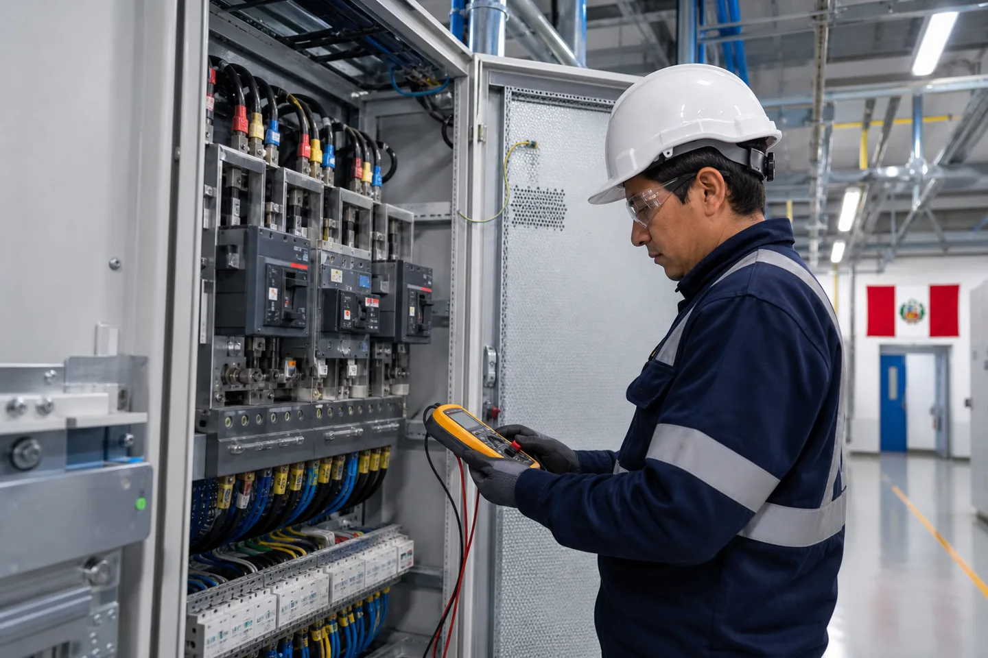 Técnico inspeccionando un tablero eléctrico industrial